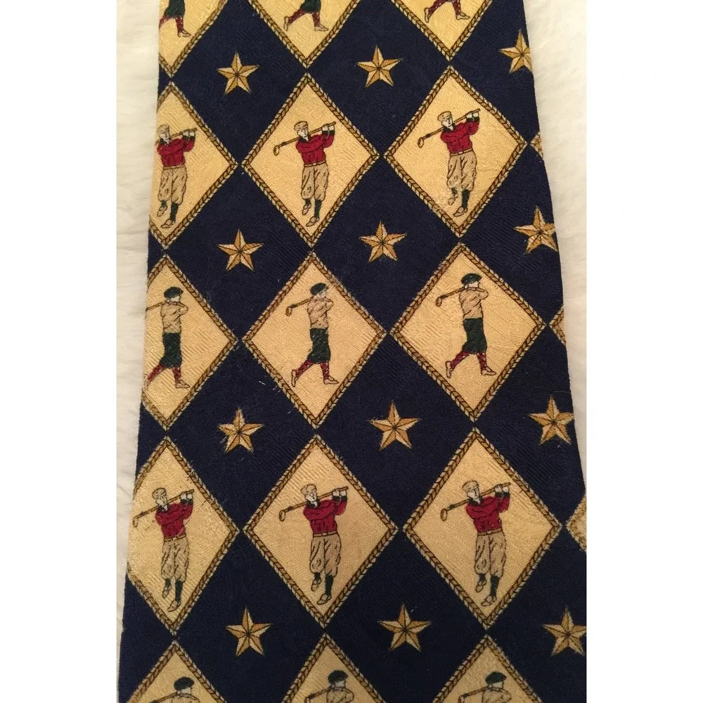 Tommy Hilfiger Men's Tie Italian Silk Novelty Vintage Golfer Blue Gold 57